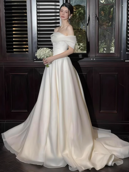 Elegant Off Shoulder A-Line Tulle Long Wedding Dress Simple Bridal Gowns DH2685
