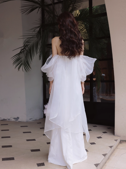 Elegant Off Shoulder Long Sheath Satin Wedding Dress Simple Bridal Gown DH2688