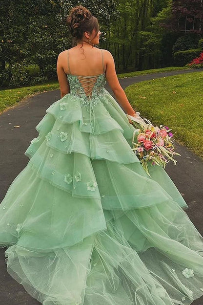 Fairytale Green Spaghetti Strap Quinceanera Dress Tulle Appliques Ball Gowns Sweet 16 Dress DH2691