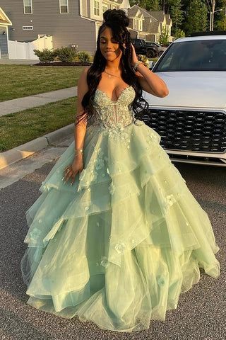 Fairytale Green Spaghetti Strap Quinceanera Dress Tulle Appliques Ball Gowns Sweet 16 Dress DH2691
