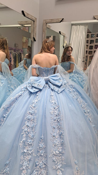 Gorgeous Blue Applique Ball Gowns Formal Dresses Tulle Off-the-shoulder Long Quinceanera Dress Sweet 16 Dress DH2695