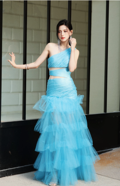 Modest Blue One Shoulder Formal Dress Tulle Mermaid Long Evening Gowns Prom Dresses DH2696