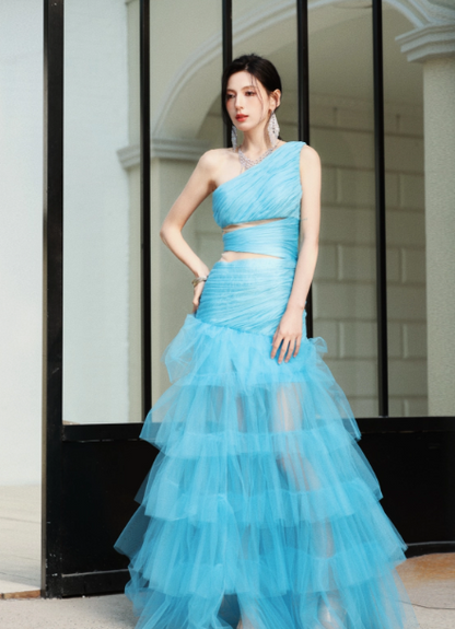Modest Blue One Shoulder Formal Dress Tulle Mermaid Long Evening Gowns Prom Dresses DH2696