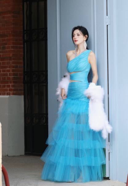 Modest Blue One Shoulder Formal Dress Tulle Mermaid Long Evening Gowns Prom Dresses DH2696