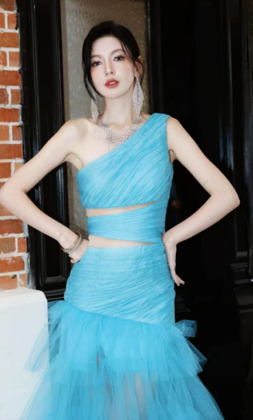 Modest Blue One Shoulder Formal Dress Tulle Mermaid Long Evening Gowns Prom Dresses DH2696