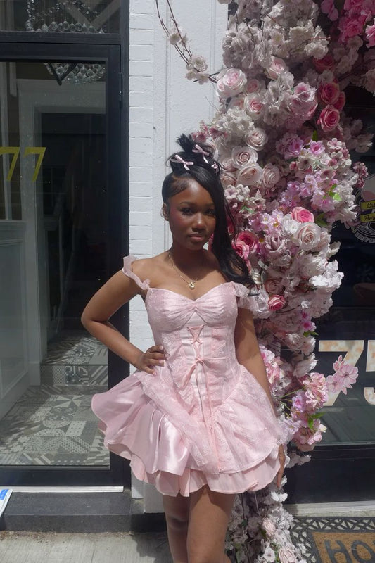 Pretty A line Straps Blush Pink Lace Short Formal 8th Grade Homecoming Dresses Summer Middle School Hoco Dress Homecoming Outfits DH270