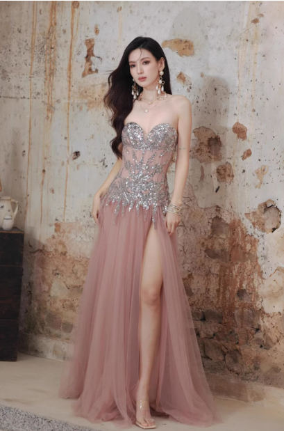 Modest Sweetheart Neck Formal Dress Pink Tulle Sequins Evening Gown Sparkly 16th Birthday Dress DH2704