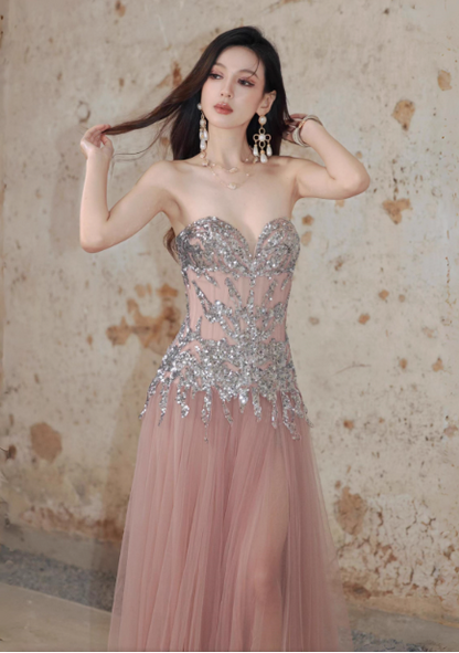 Modest Sweetheart Neck Formal Dress Pink Tulle Sequins Evening Gown Sparkly 16th Birthday Dress DH2704