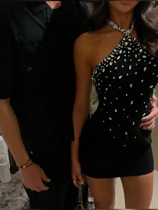 Sparkly Sheath Halter Black Silver Beads Short Tight Formal Homecoming Dresses Night Chic Elegant Short Dresses Party Dress 18th Birthday Outfits Hoco Dresses DH2705