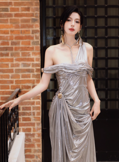 Modest Grey Formal Dress One Shoulder Sheath Long Evening Gown Fashion Long 18th Birthday Outfit  DH2706
