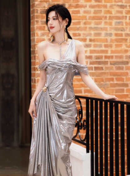 Modest Grey Formal Dress One Shoulder Sheath Long Evening Gown Fashion Long 18th Birthday Outfit  DH2706