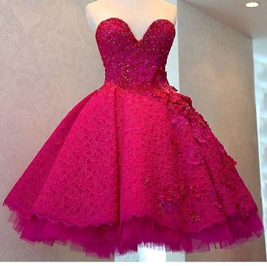 Fancy Ball Gown Sweetheart Hot Pink Lace Formal Homecoming Dresses High School Graduation Dress Short Night Chic Classy Hoco Dresses DH2707