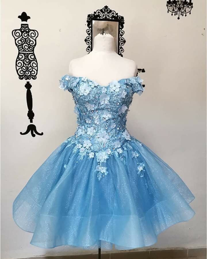 Pretty Ball Gown Off The Shoulder Blue Lace Short Formal 8th Grade Homecoming Dresses Summer Middle School Hoco Dress Homecoming Outfits DH280