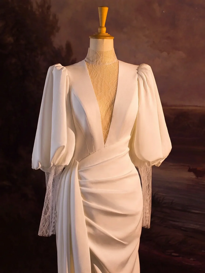 Elegant Wedding Dress Mermaid V Neck Summer Long Sleeves Satin White Wedding Dresses Bride Dress Bridal Gowns DH340