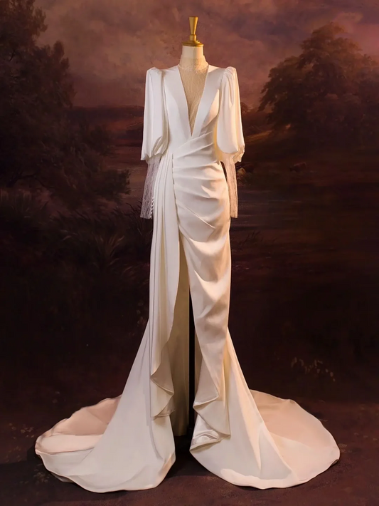 Elegant Wedding Dress Mermaid V Neck Summer Long Sleeves Satin White Wedding Dresses Bride Dress Bridal Gowns DH340