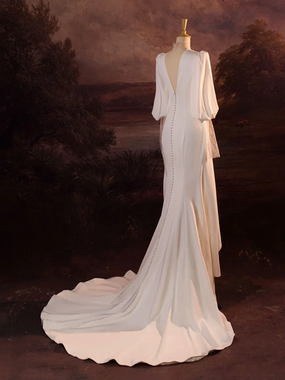 Elegant Wedding Dress Mermaid V Neck Summer Long Sleeves Satin White Wedding Dresses Bride Dress Bridal Gowns DH340