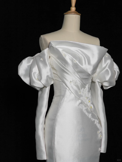 Elegant Wedding Dress Mermaid Strapless White Satin Summer Long Sleeves Wedding Dresses Bride Dress Bridal Gowns DH343