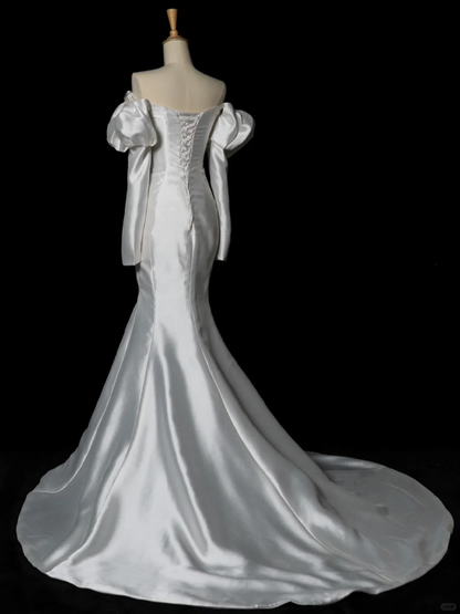 Elegant Wedding Dress Mermaid Strapless White Satin Summer Long Sleeves Wedding Dresses Bride Dress Bridal Gowns DH343