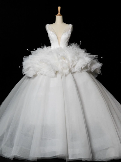 Elegant Wedding Dress Ball Gown V Neck White Tulle Summer Long Wedding Dresses Bride Dress Bridal Gowns DH348