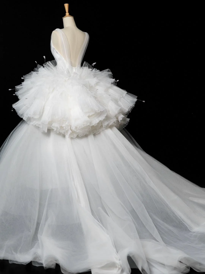 Elegant Wedding Dress Ball Gown V Neck White Tulle Summer Long Wedding Dresses Bride Dress Bridal Gowns DH348