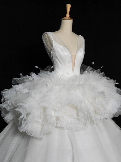 Elegant Wedding Dress Ball Gown V Neck White Tulle Summer Long Wedding Dresses Bride Dress Bridal Gowns DH348