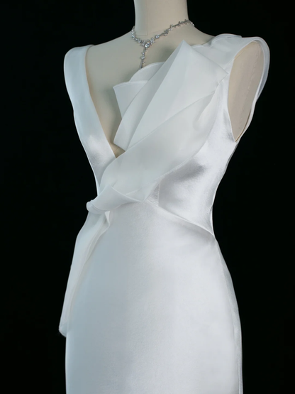 Pretty Wedding Dress Mermaid V Neck White Satin Long Vintage Wedding Dresses Bridal Gowns Brides Gown DH352