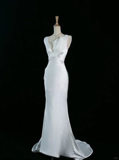 Pretty Wedding Dress Mermaid V Neck White Satin Long Vintage Wedding Dresses Bridal Gowns Brides Gown DH352