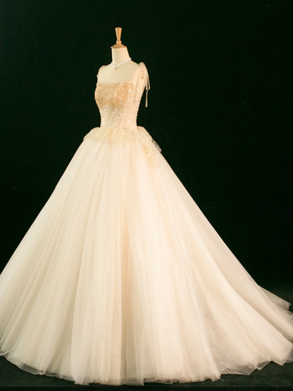 Elegant Wedding Dress Ball Gown Straps Sleeveless Ivory Tulle Summer Long Wedding Dresses Bride Dress Bridal Gowns DH356