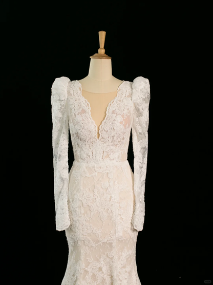 Pretty Wedding Dress Mermaid V Neck Ivory Sleeveless Lace Long Vintage Wedding Dresses Bridal Gowns Brides Gown DH357