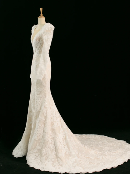 Pretty Wedding Dress Mermaid V Neck Ivory Sleeveless Lace Long Vintage Wedding Dresses Bridal Gowns Brides Gown DH357