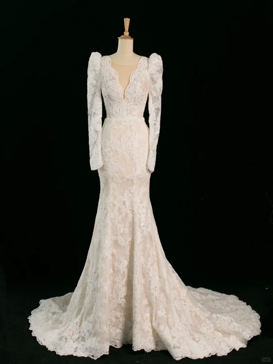 Pretty Wedding Dress Mermaid V Neck Ivory Sleeveless Lace Long Vintage Wedding Dresses Bridal Gowns Brides Gown DH357