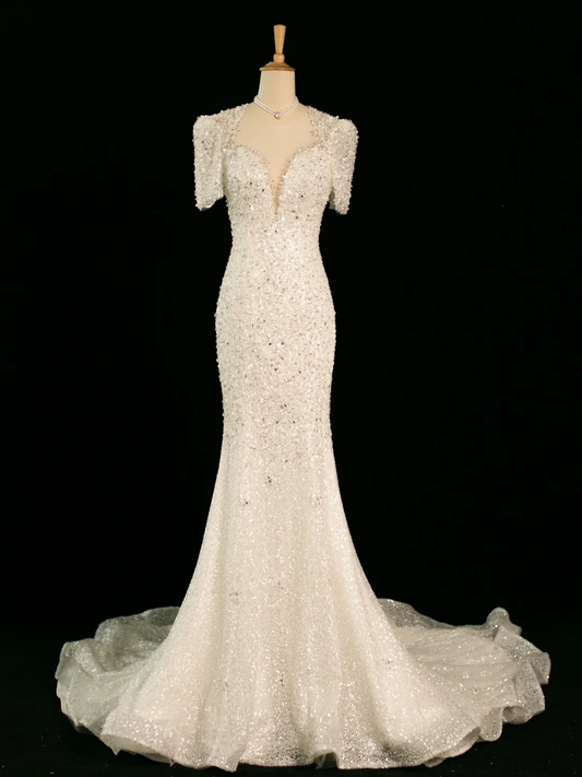 Pretty Wedding Dress Mermaid Sweetheart Short Sleeves Sequin Long Vintage Wedding Dresses Bridal Gowns Brides Gown DH358