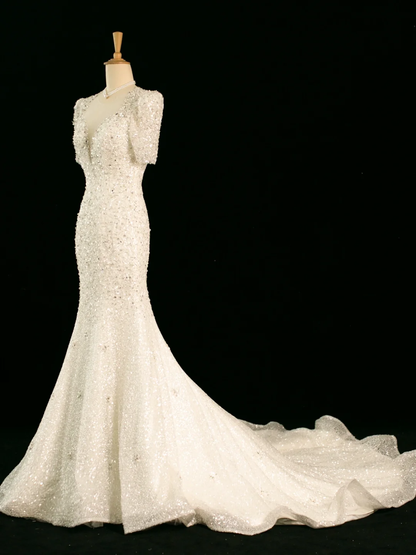 Pretty Wedding Dress Mermaid Sweetheart Short Sleeves Sequin Long Vintage Wedding Dresses Bridal Gowns Brides Gown DH358