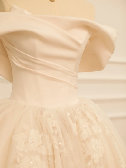 Elegant Wedding Dress Ball Gown Off The Shoulder Short Sleeves Ivory Tulle Summer Long Wedding Dresses Bride Dress Bridal Gowns DH360