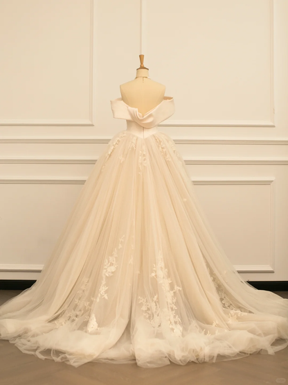 Elegant Wedding Dress Ball Gown Off The Shoulder Short Sleeves Ivory Tulle Summer Long Wedding Dresses Bride Dress Bridal Gowns DH360