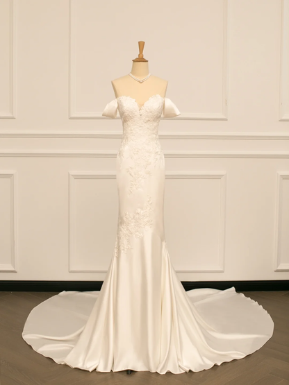 Pretty Wedding Dress Mermaid Off The Shoulder Short Sleeves Satin Long Vintage Wedding Dresses Bridal Gowns Brides Gown DH361