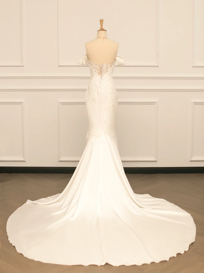 Pretty Wedding Dress Mermaid Off The Shoulder Short Sleeves Satin Long Vintage Wedding Dresses Bridal Gowns Brides Gown DH361