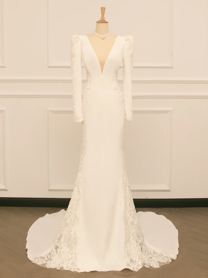 Pretty Wedding Dress Mermaid V Neck Ivory Lace Long Sleeves Backless Vintage Wedding Dresses Bridal Gowns Brides Gown DH363