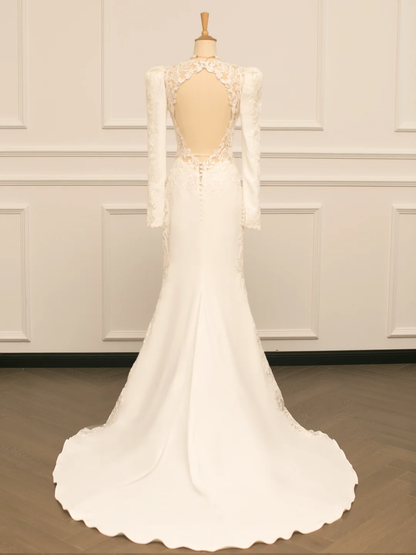 Pretty Wedding Dress Mermaid V Neck Ivory Lace Long Sleeves Backless Vintage Wedding Dresses Bridal Gowns Brides Gown DH363