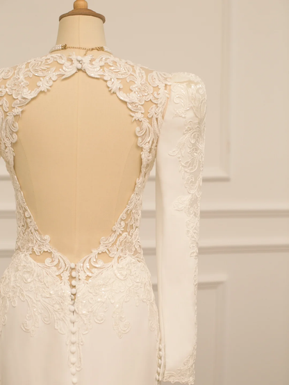 Pretty Wedding Dress Mermaid V Neck Ivory Lace Long Sleeves Backless Vintage Wedding Dresses Bridal Gowns Brides Gown DH363