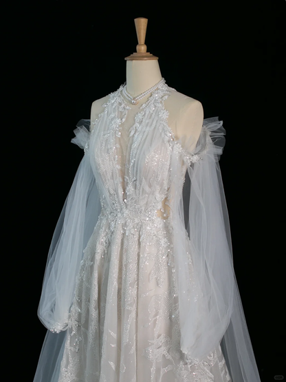 Pretty Wedding Dress A line Scoop Neck Long Sleeves Tulle Lace Vintage Wedding Dresses Bridal Gowns Brides Gown DH366