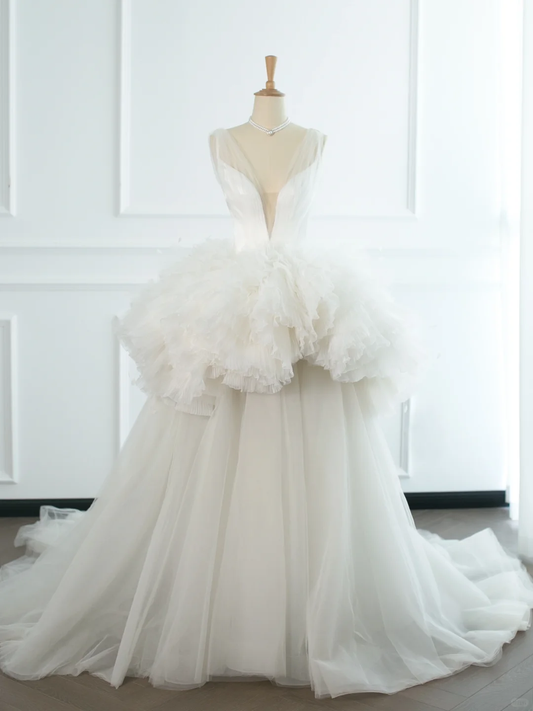 Elegant Wedding Dress Ball Gown V Neck White Tulle Summer Long Wedding Dresses Bride Dress Bridal Gowns DH367