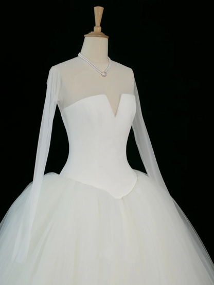 Elegant Wedding Dress Ball Gown Scoop Long Sleeves White Tulle Summer Wedding Dresses Bride Dress Bridal Gowns DH370
