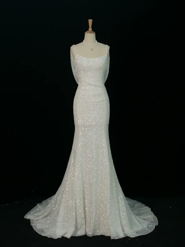 Pretty Wedding Dress Mermaid Spaghetti Straps White Sequin Long Vintage Wedding Dresses Bridal Gowns Brides Gown DH372