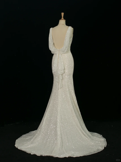 Pretty Wedding Dress Mermaid Spaghetti Straps White Sequin Long Vintage Wedding Dresses Bridal Gowns Brides Gown DH372