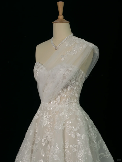 Elegant Wedding Dress Ball Gown One Shoulder Sleeveless White Lace Summer Wedding Dresses Bride Dress Bridal Gowns DH373