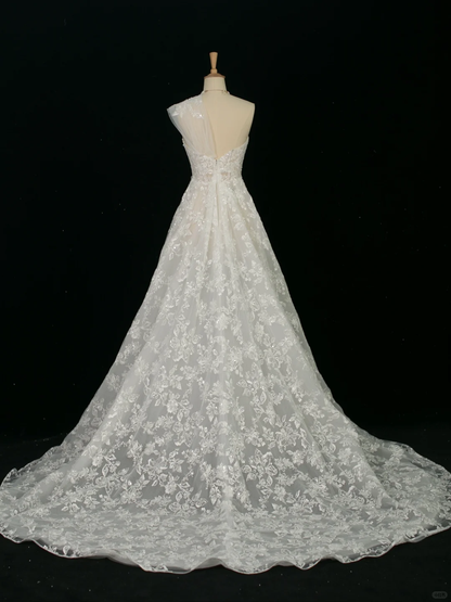 Elegant Wedding Dress Ball Gown One Shoulder Sleeveless White Lace Summer Wedding Dresses Bride Dress Bridal Gowns DH373