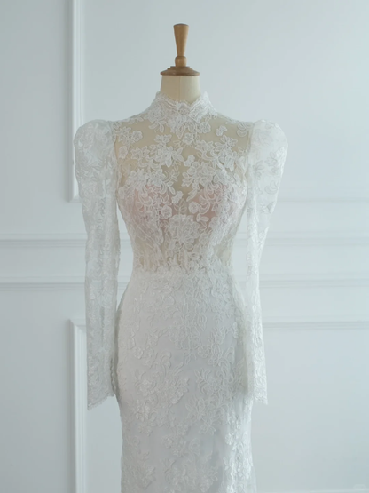 Pretty Wedding Dress Mermaid High Neck White Lace Long Sleeves Backless Vintage Wedding Dresses Bridal Gowns Brides Gown DH378