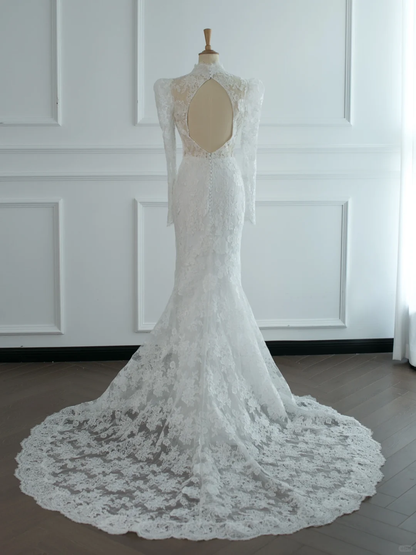 Pretty Wedding Dress Mermaid High Neck White Lace Long Sleeves Backless Vintage Wedding Dresses Bridal Gowns Brides Gown DH378