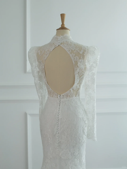 Pretty Wedding Dress Mermaid High Neck White Lace Long Sleeves Backless Vintage Wedding Dresses Bridal Gowns Brides Gown DH378